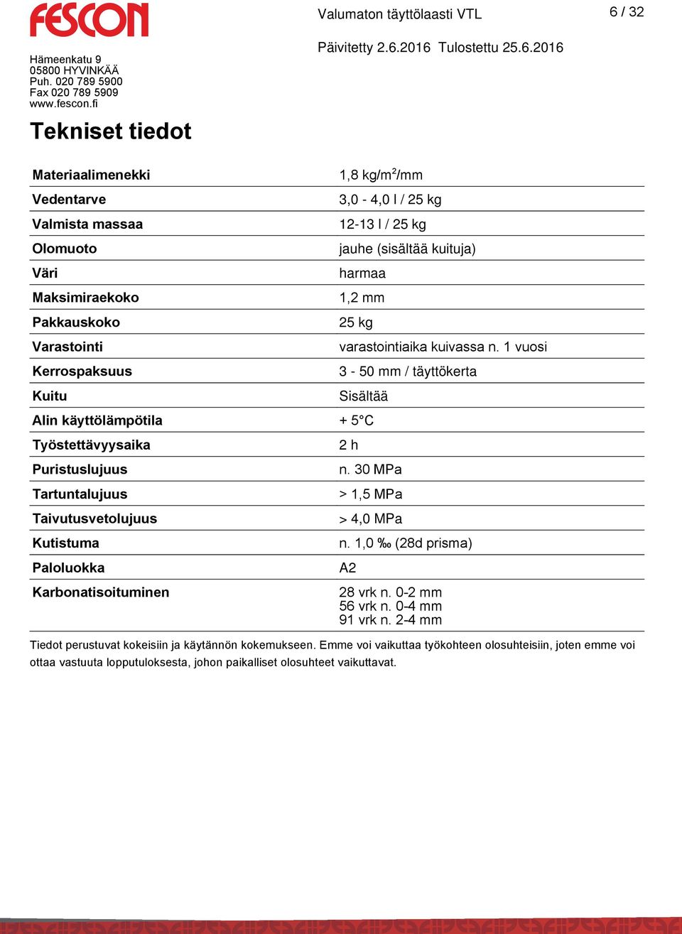 1 vuosi 3-50 mm / täyttökerta Sisältää Alin käyttölämpötila + 5 C Työstettävyysaika Puristuslujuus Tartuntalujuus Taivutusvetolujuus Kutistuma Paloluokka Karbonatisoituminen 2 h n.