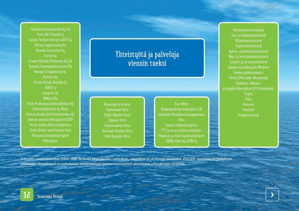 seudun kehitysyhtiö KEHY Turun Seudun Kehittämiskeskus Turku Science and Business Park Yksityiset konsulttiyritykset Yhdistykset Yhteistyötä ja palveluja viennin tueksi Kaupungit ja kunnat Uudenmaan