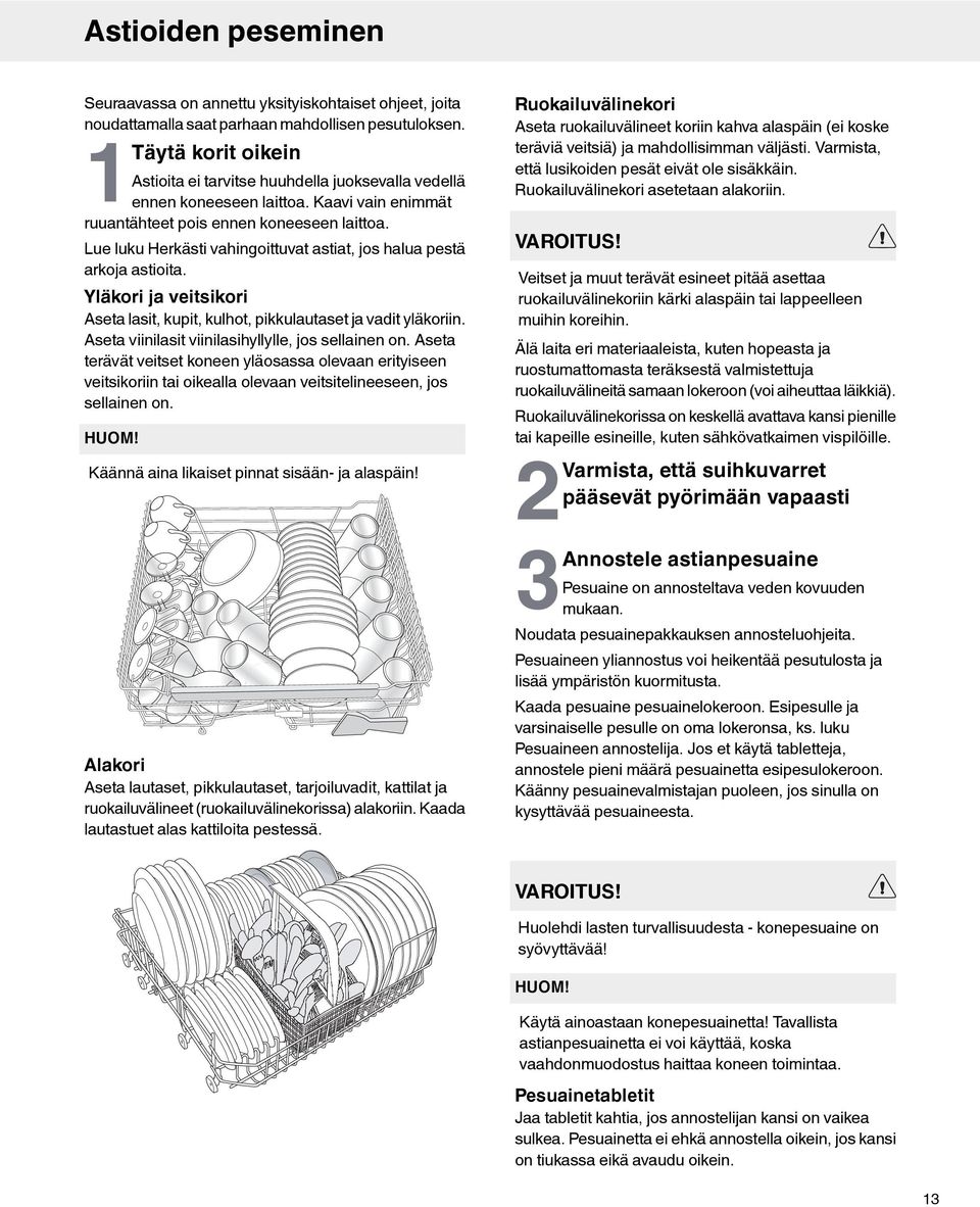 Lue luku Herkästi vahingoittuvat astiat, jos halua pestä arkoja astioita. Yläkori ja veitsikori Aseta lasit, kupit, kulhot, pikkulautaset ja vadit yläkoriin.