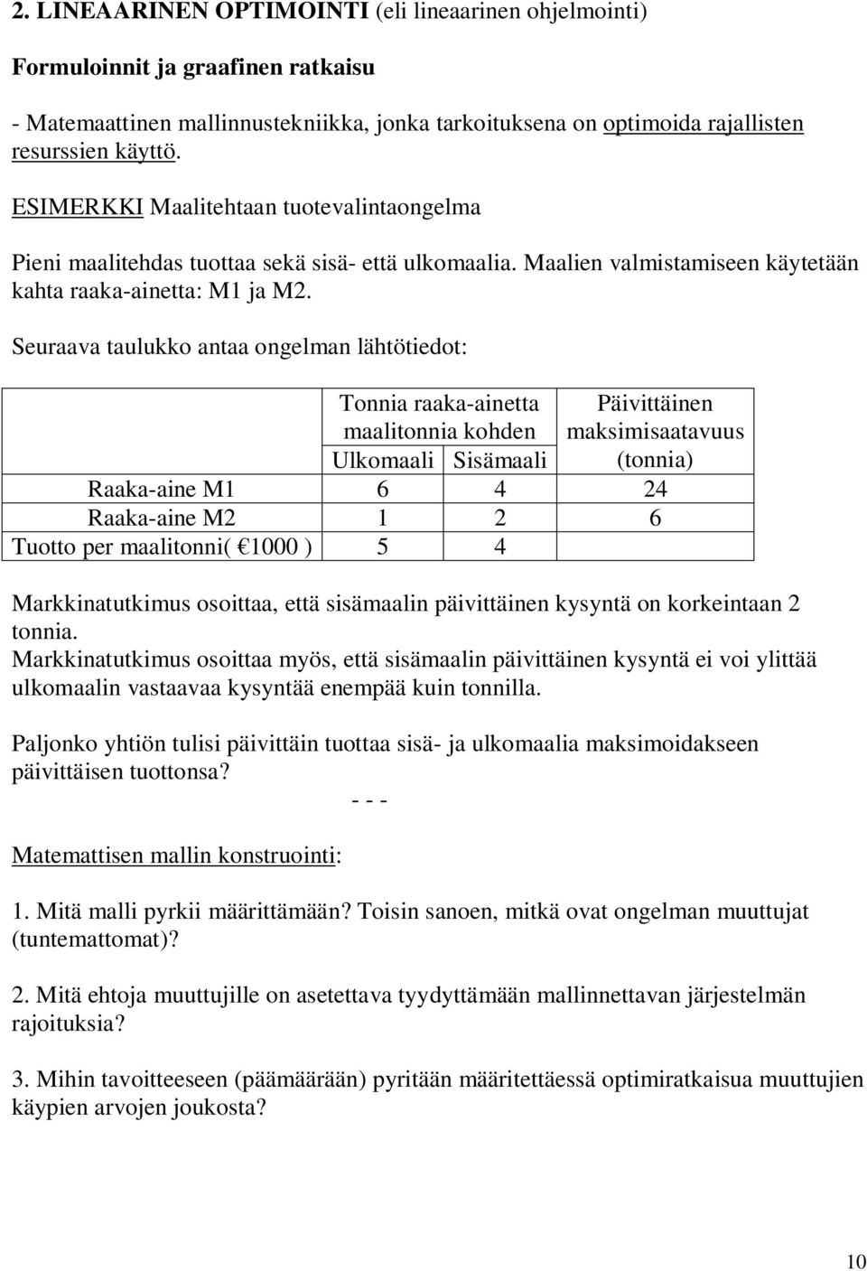 Seuraava taulukko antaa ongelman lähtötiedot: Tonnia raaka-ainetta maalitonnia kohden Ulkomaali Sisämaali Päivittäinen maksimisaatavuus (tonnia) Raaka-aine M 6 4 4 Raaka-aine M 6 Tuotto per