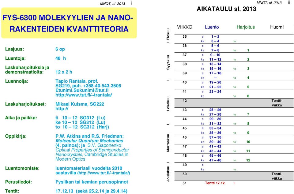 painos); ja S.V. Gaponenko: Optical Properties of Semiconductor Nanocrystals, Cambridge Studies in Modern Optics Luentomoniste: luentomateriaali vuodelta 2010 saatavilla (http://www.tut.