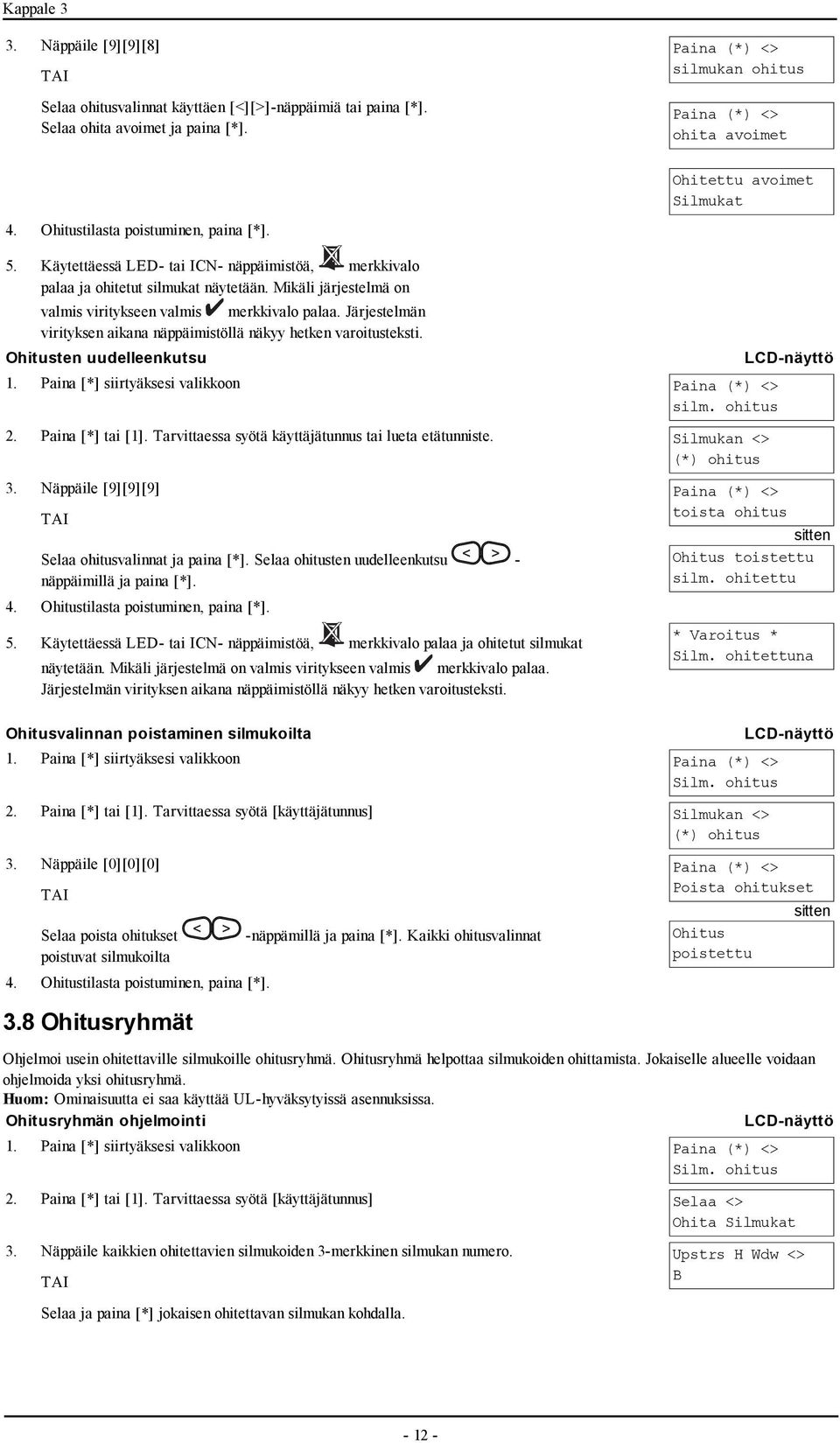 Järjestelmän virityksen aikana näppäimistöllä näkyy hetken varoitusteksti. Ohitusten uudelleenkutsu 1. Paina [*] siirtyäksesi valikkoon silm. ohitus 2. Paina [*] tai [1].