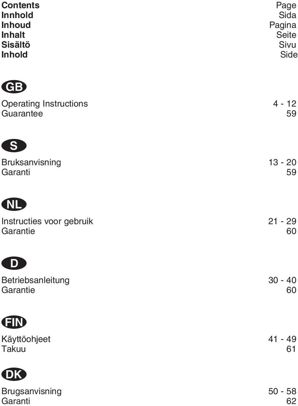 Garanti 59 N Instructies voor gebruik 21-29 Garantie 60 D Betriebsanleitung