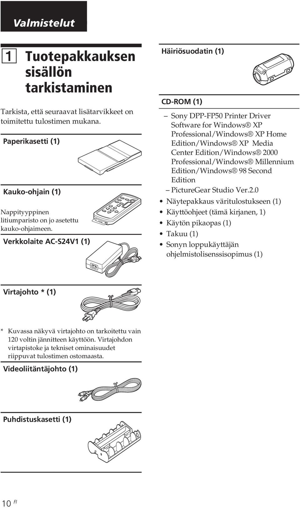 Verkkolaite AC-S24V1 (1) Häiriösuodatin (1) CD-ROM (1) Sony DPP-FP50 Printer Driver Software for Windows XP Professional/Windows XP Home Edition/Windows XP Media Center Edition/Windows 2000