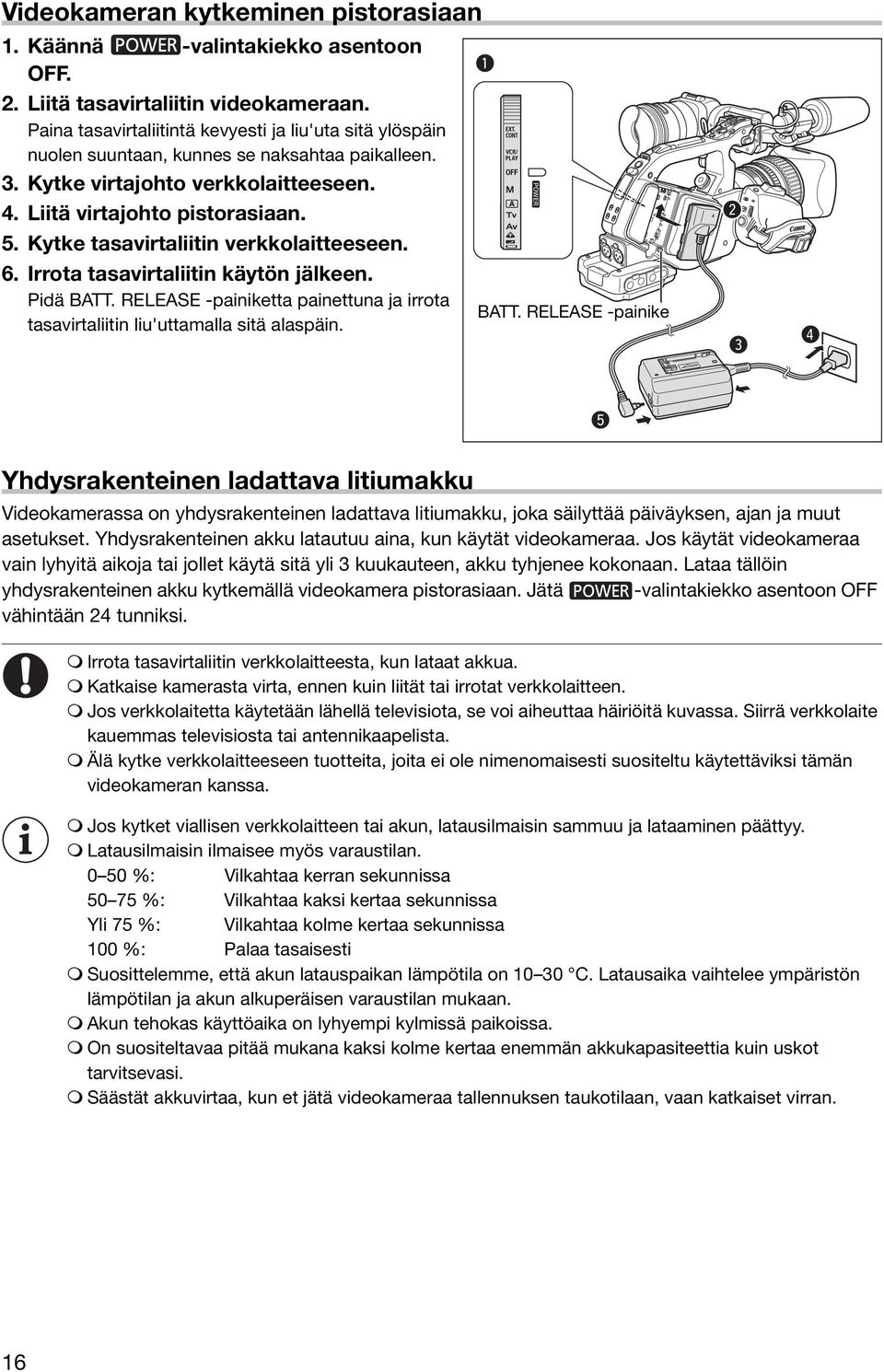 Kytke tasavirtaliitin verkkolaitteeseen. 6. Irrota tasavirtaliitin käytön jälkeen. Pidä BATT.