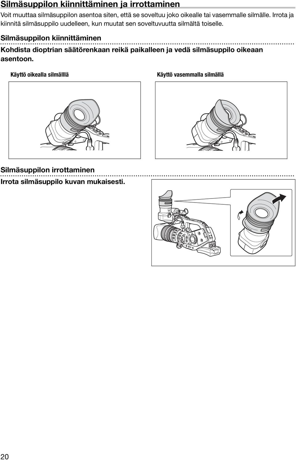 Silmäsuppilon kiinnittäminen Kohdista dioptrian säätörenkaan reikä paikalleen ja vedä silmäsuppilo oikeaan asentoon.