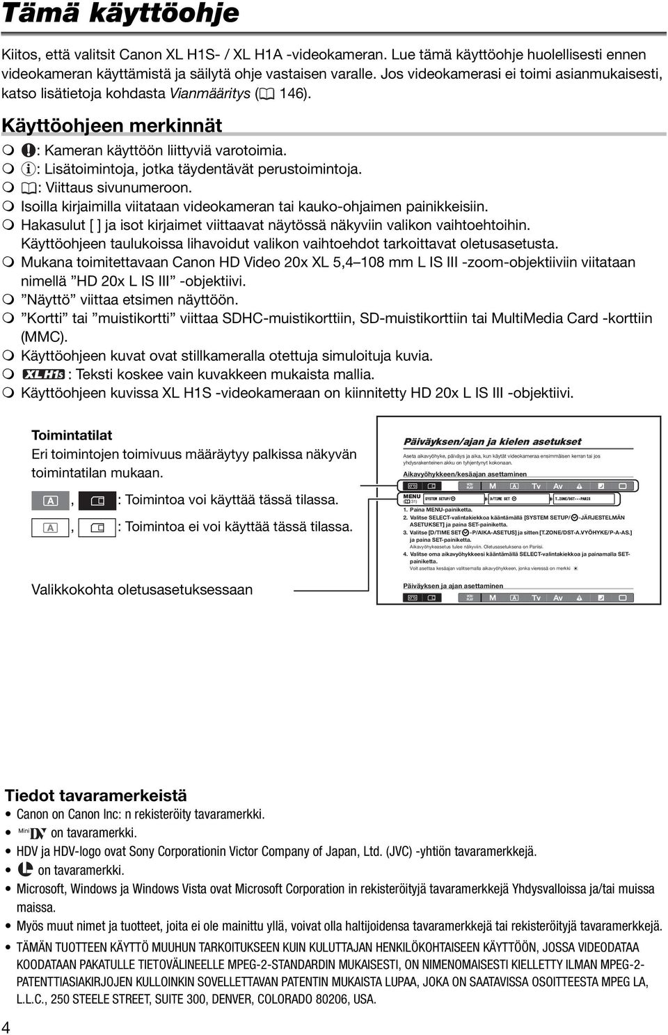 : Lisätoimintoja, jotka täydentävät perustoimintoja. : Viittaus sivunumeroon. Isoilla kirjaimilla viitataan videokameran tai kauko-ohjaimen painikkeisiin.