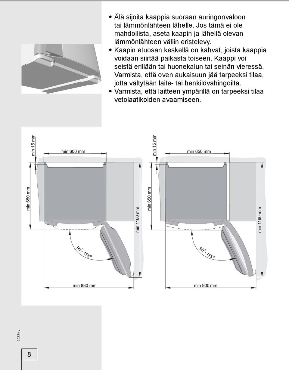 Kaapin etuosan keskellä on kahvat, joista kaappia voidaan siirtää paikasta toiseen.