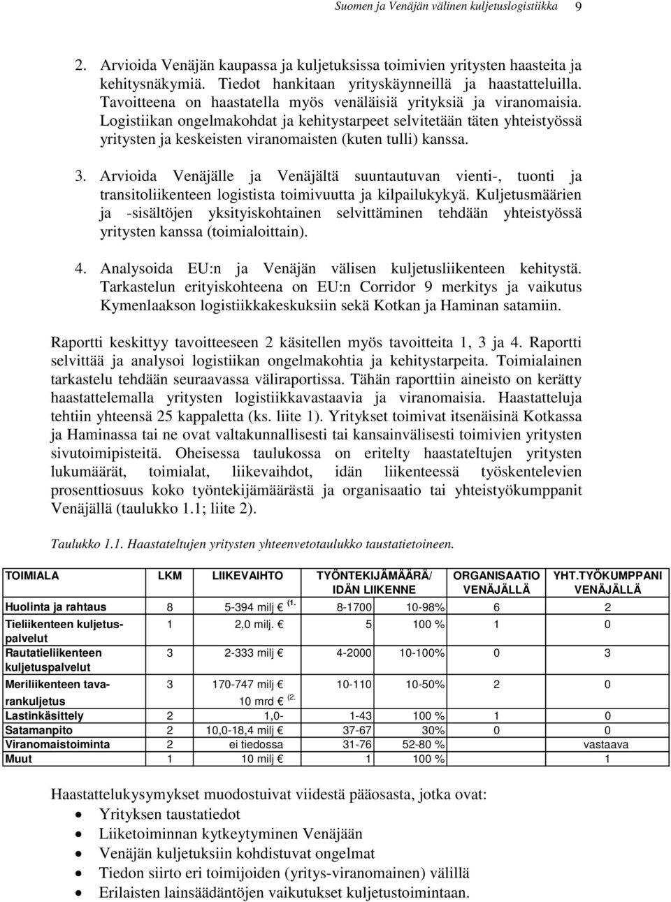 Logistiikan ongelmakohdat ja kehitystarpeet selvitetään täten yhteistyössä yritysten ja keskeisten viranomaisten (kuten tulli) kanssa. 3.