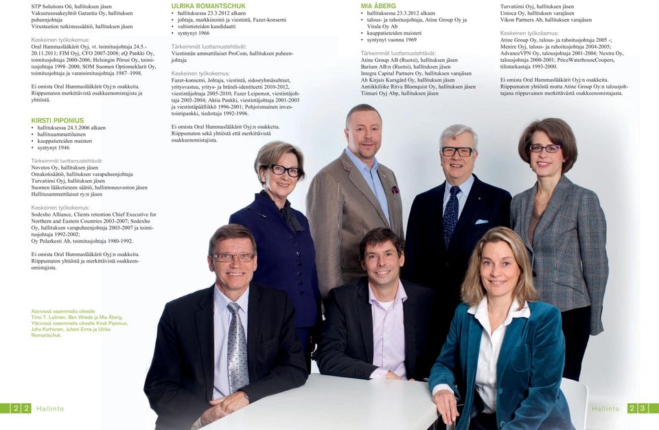 2011; FIM Oyj, CFO 2007-2008; eq Pankki Oy, toimitusjohtaja 2000-2006; Helsingin Pörssi Oy, toimitusjohtaja 1998 2000; SOM Suomen Optiomeklarit Oy, toimitusjohtaja ja varatoimitusjohtaja 1987 1998.