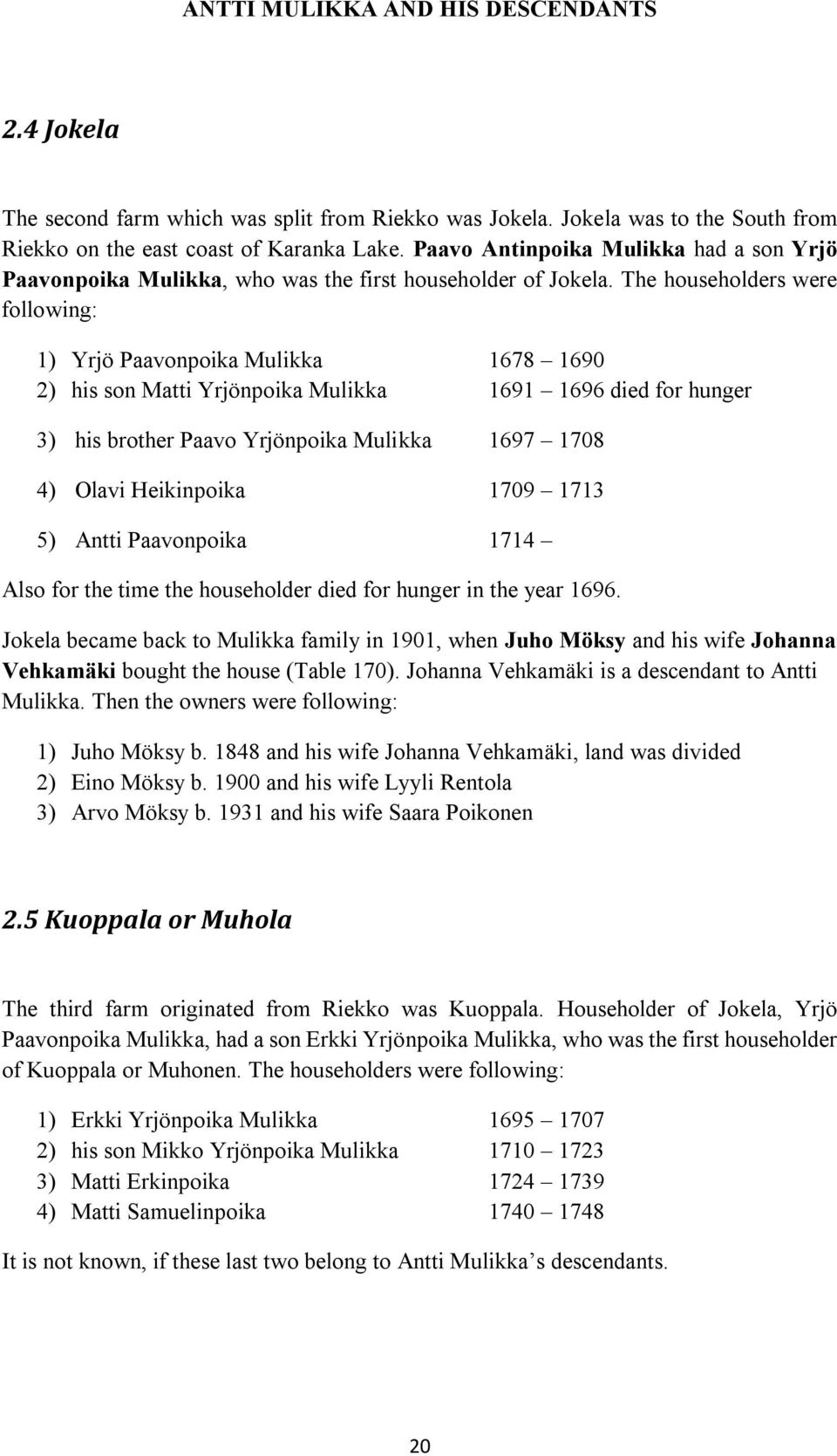 The householders were following: 1) Yrjö Paavonpoika Mulikka 1678 1690 2) his son Matti Yrjönpoika Mulikka 1691 1696 died for hunger 3) his brother Paavo Yrjönpoika Mulikka 1697 1708 4) Olavi