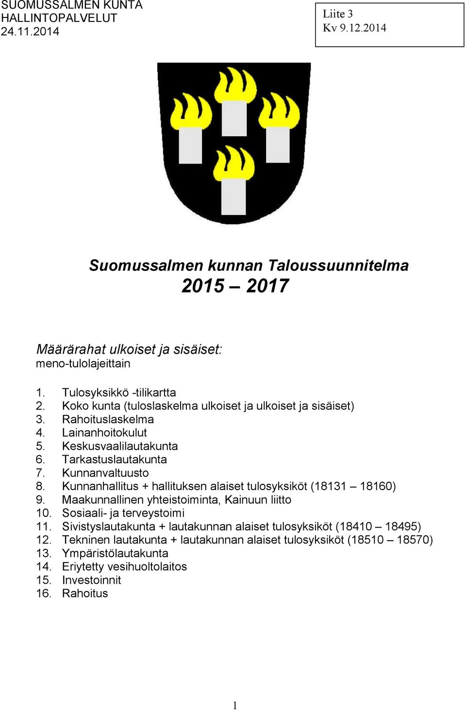 Kunnanvaltuusto 8. Kunnanhallitus + hallituksen alaiset tulosyksiköt (18131 18160) 9. Maakunnallinen yhteistoiminta, Kainuun liitto 10. Sosiaali- ja terveystoimi 11.