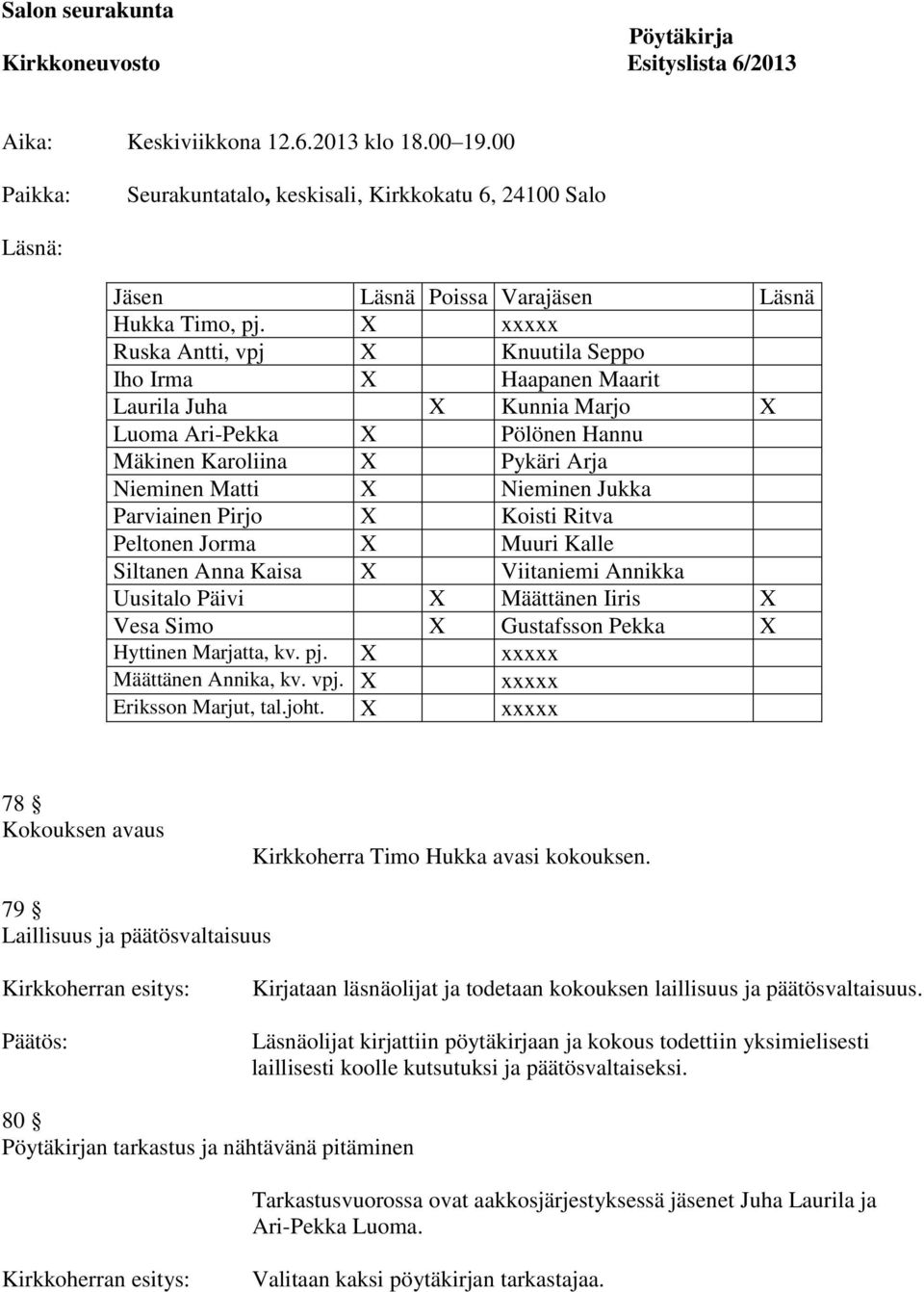 X xxxxx Ruska Antti, vpj X Knuutila Seppo Iho Irma X Haapanen Maarit Laurila Juha X Kunnia Marjo X Luoma Ari-Pekka X Pölönen Hannu Mäkinen Karoliina X Pykäri Arja Nieminen Matti X Nieminen Jukka