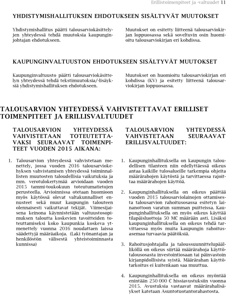 KAUPUNGINVALTUUSTON EHDOTUKSEEN SISÄLTYVÄT MUUTOKSET Kaupunginvaltuusto päätti talousarviokäsittelyn yhteydessä tehdä tekstimuutoksia/-lisäyksiä yhdistymishallituksen ehdotukseen.