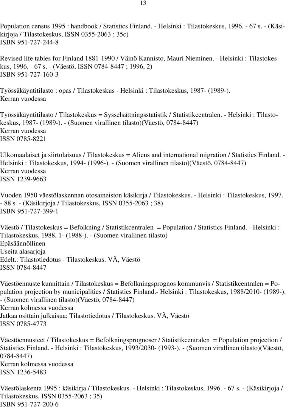 - (Väestö, ISSN 0784-8447 ; 1996, 2) ISBN 951-727-160-3 Työssäkäyntitilasto : opas / Tilastokeskus - Helsinki : Tilastokeskus, 1987- (1989-).