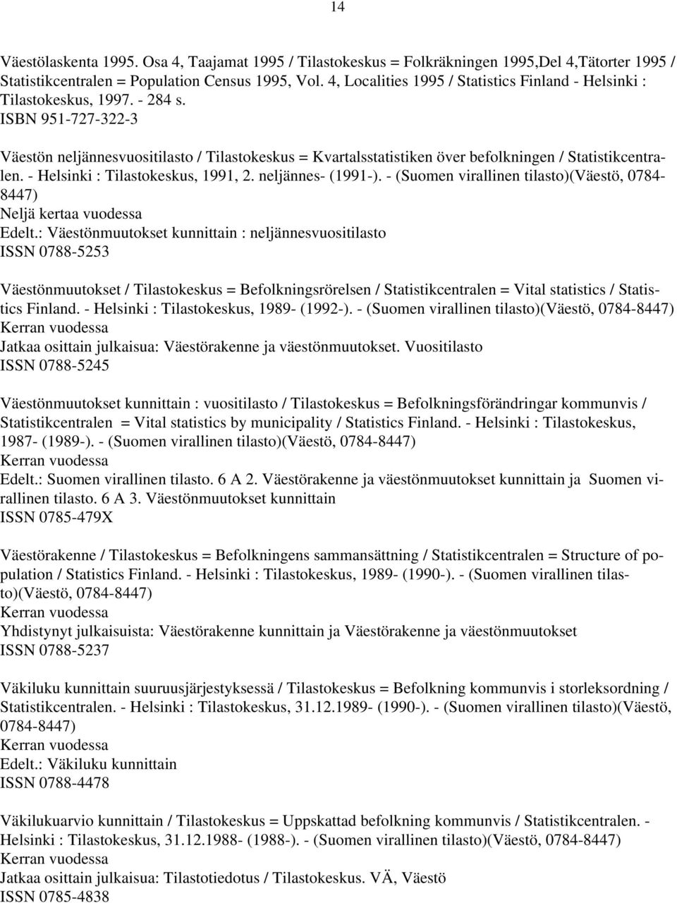 ISBN 951-727-322-3 Väestön neljännesvuositilasto / Tilastokeskus = Kvartalsstatistiken över befolkningen / Statistikcentralen. - Helsinki : Tilastokeskus, 1991, 2. neljännes- (1991-).