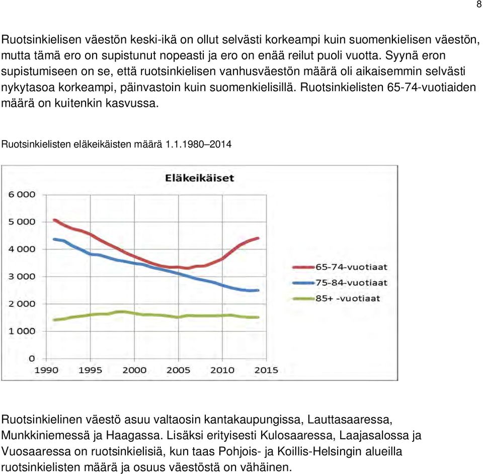 Ruotsinkielisten 65-74-vuotiaiden määrä on kuitenkin kasvussa. Ruotsinkielisten eläkeikäisten määrä 1.