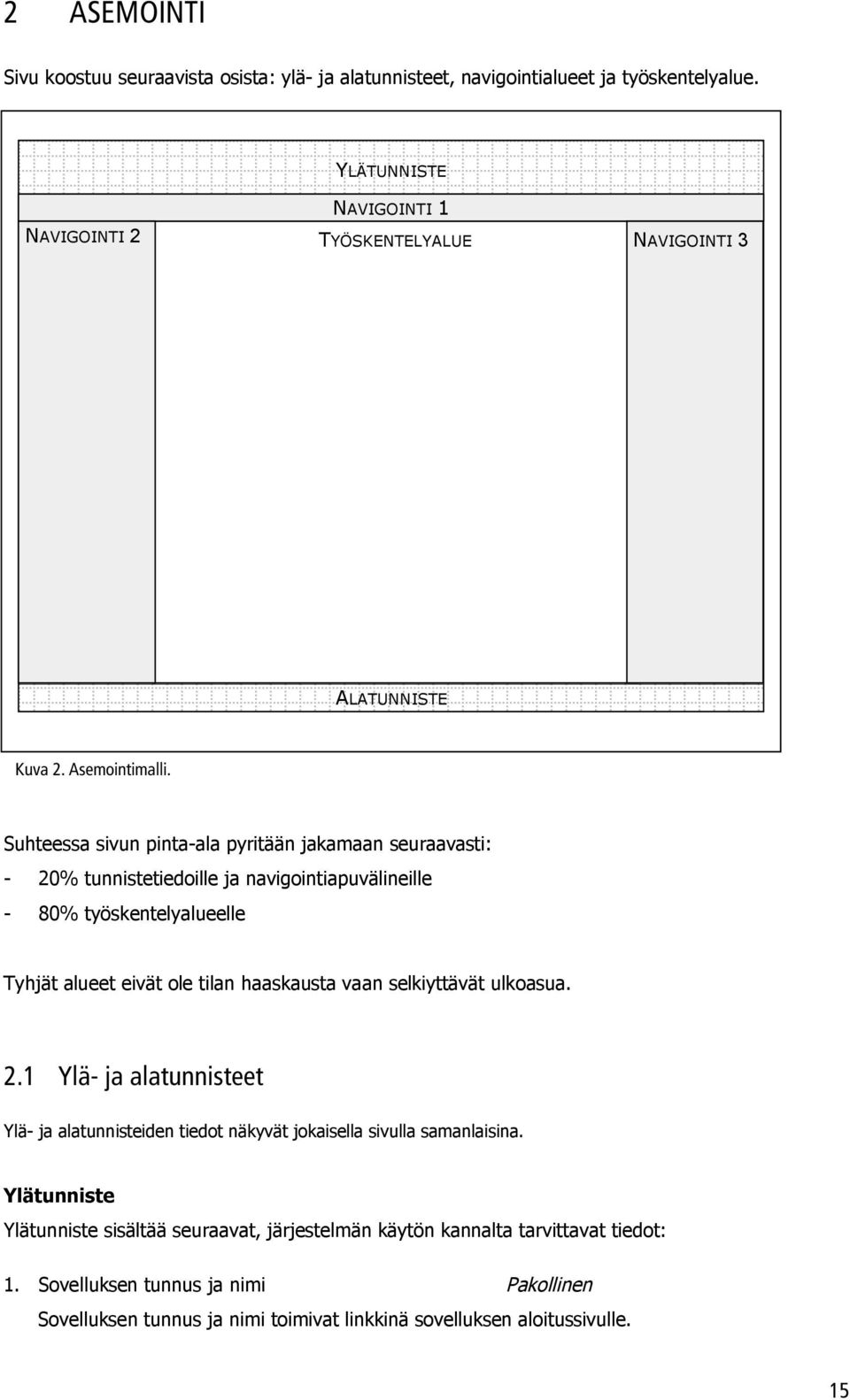 1.1.1.1 ALATUNNISTE 9XYE )% 3VIQSMRWMQEPPM% Suhteessa sivun pinta-ala pyritään jakamaan seuraavasti: - 20% tunnistetiedoille ja navigointiapuvälineille - 80% työskentelyalueelle