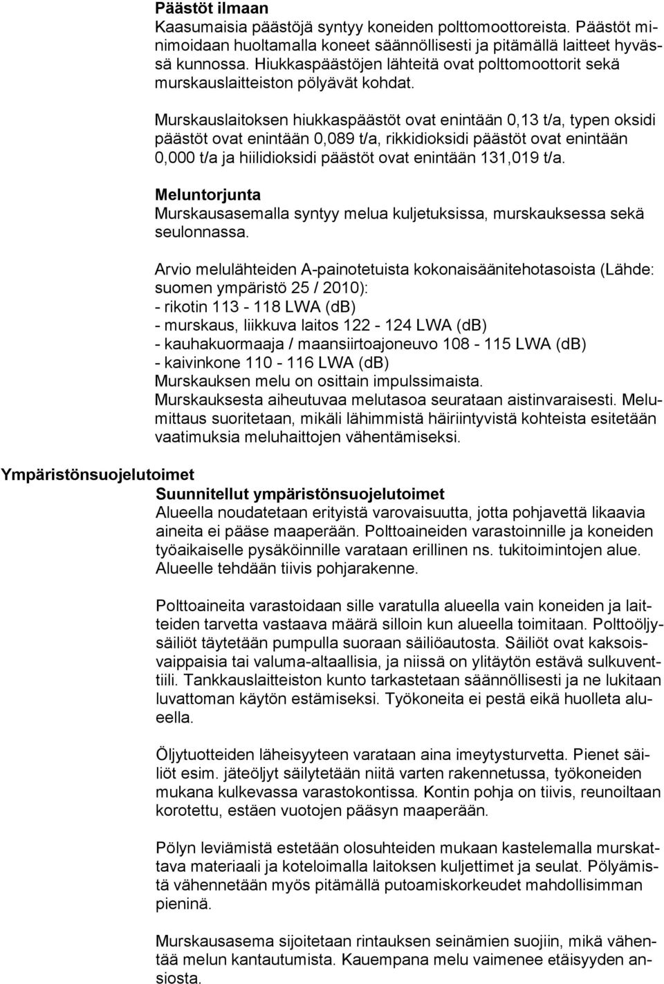 Murskauslaitoksen hiukkaspäästöt ovat enintään 0,13 t/a, typen oksidi pääs töt ovat enintään 0,089 t/a, rikkidioksidi päästöt ovat enintään 0,000 t/a ja hiilidioksidi päästöt ovat enintään 131,019