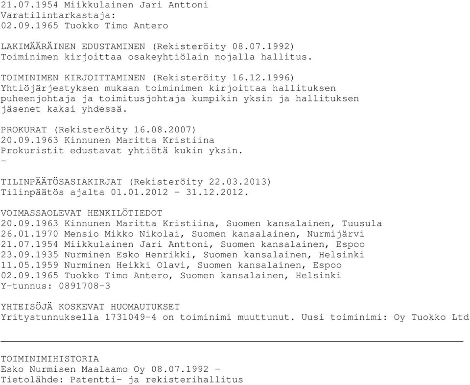 PROKURAT (Rekisteröity 16.08.2007) 20.09.1963 Kinnunen Maritta Kristiina Prokuristit edustavat yhtiötä kukin yksin. - TILINPÄÄTÖSASIAKIRJAT (Rekisteröity 22.03.2013) Tilinpäätös ajalta 01.01.2012-31.