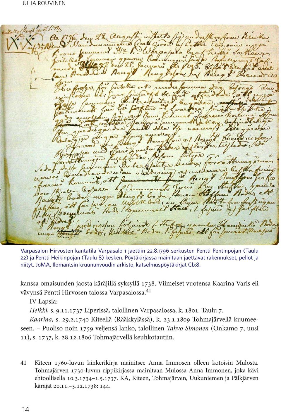 Viimeiset vuotensa Kaarina Varis eli vävynsä Pentti Hirvosen talossa Varpasalossa. 41 IV Lapsia: Heikki, s. 9.11.1737 Liperissä, Varpasalossa, k. 1801. Taulu 7. Kaarina, s. 29