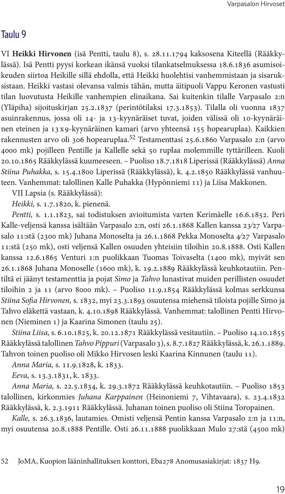 Heikki vastasi olevansa valmis tähän, mutta äitipuoli Vappu Keronen vastusti tilan luovutusta Heikille vanhempien elinaikana. Sai kuitenkin tilalle Varpasalo 2:n (Yläpiha) sijoituskirjan 25.2.1837 (perintötilaksi 17.