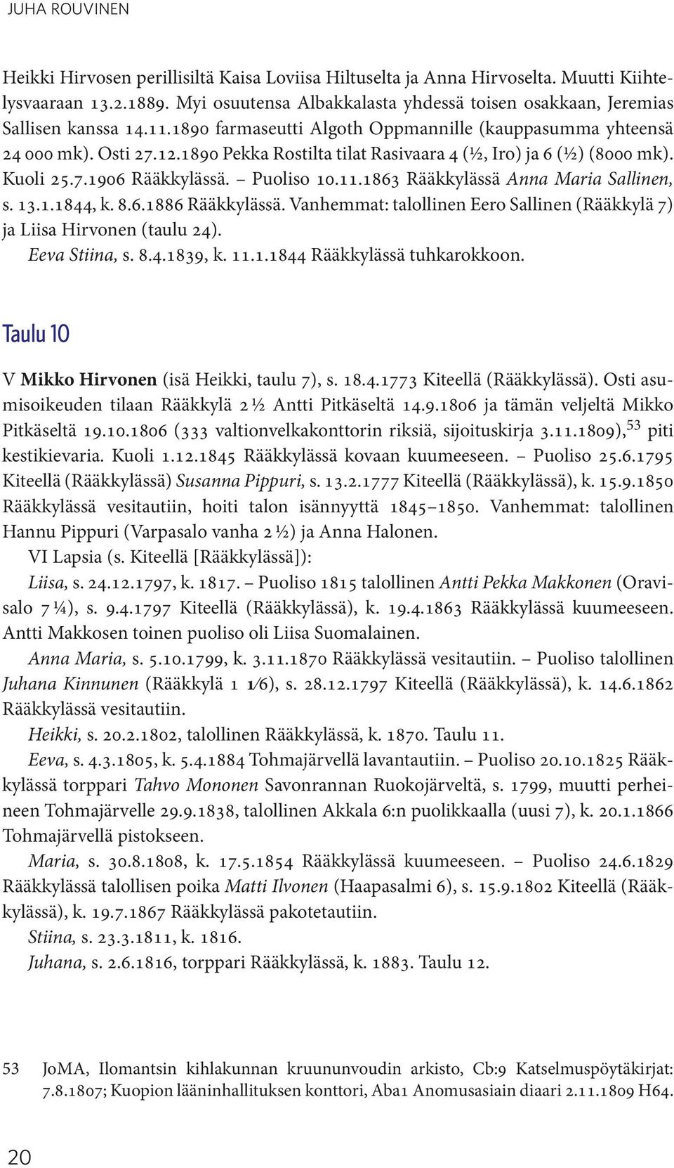 1890 Pekka Rostilta tilat Rasivaara 4 (½, Iro) ja 6 (½) (8000 mk). Kuoli 25.7.1906 Rääkkylässä. Puoliso 10.11.1863 Rääkkylässä Anna Maria Sallinen, s. 13.1.1844, k. 8.6.1886 Rääkkylässä.