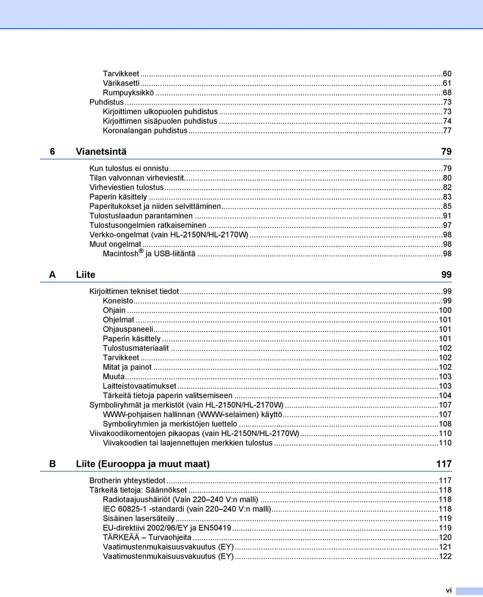 ..85 Tulostuslaadun parantaminen...91 Tulostusongelmien ratkaiseminen...97 Verkko-ongelmat (vain HL-2150N/HL-2170W)...98 Muut ongelmat...98 Macintosh ja USB-liitäntä.