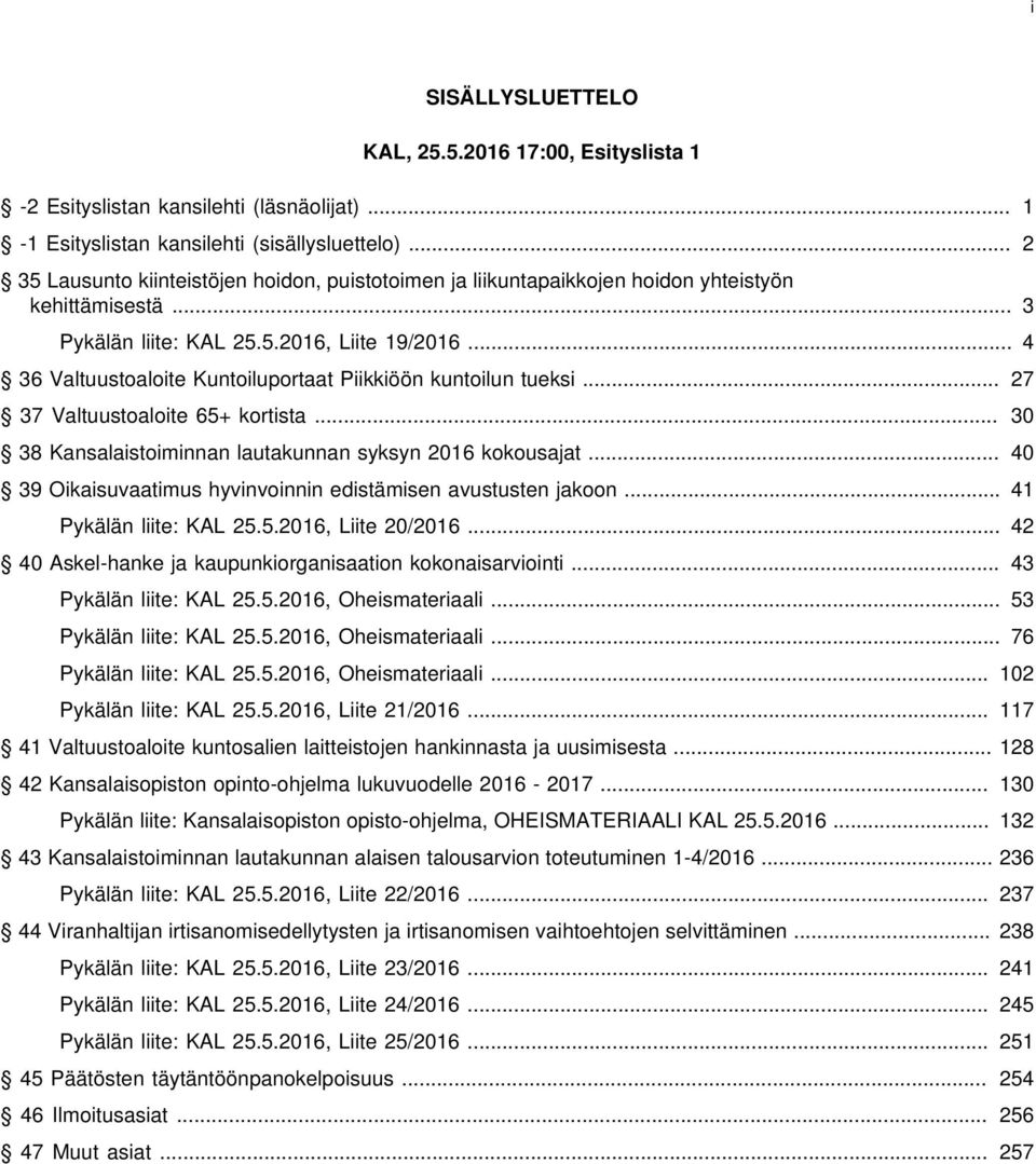 .. 4 36 Valtuustoaloite Kuntoiluportaat Piikkiöön kuntoilun tueksi... 27 37 Valtuustoaloite 65+ kortista... 30 38 Kansalaistoiminnan lautakunnan syksyn 2016 kokousajat.