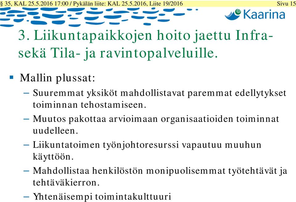 Mallin plussat: Suuremmat yksiköt mahdollistavat paremmat edellytykset toiminnan tehostamiseen.