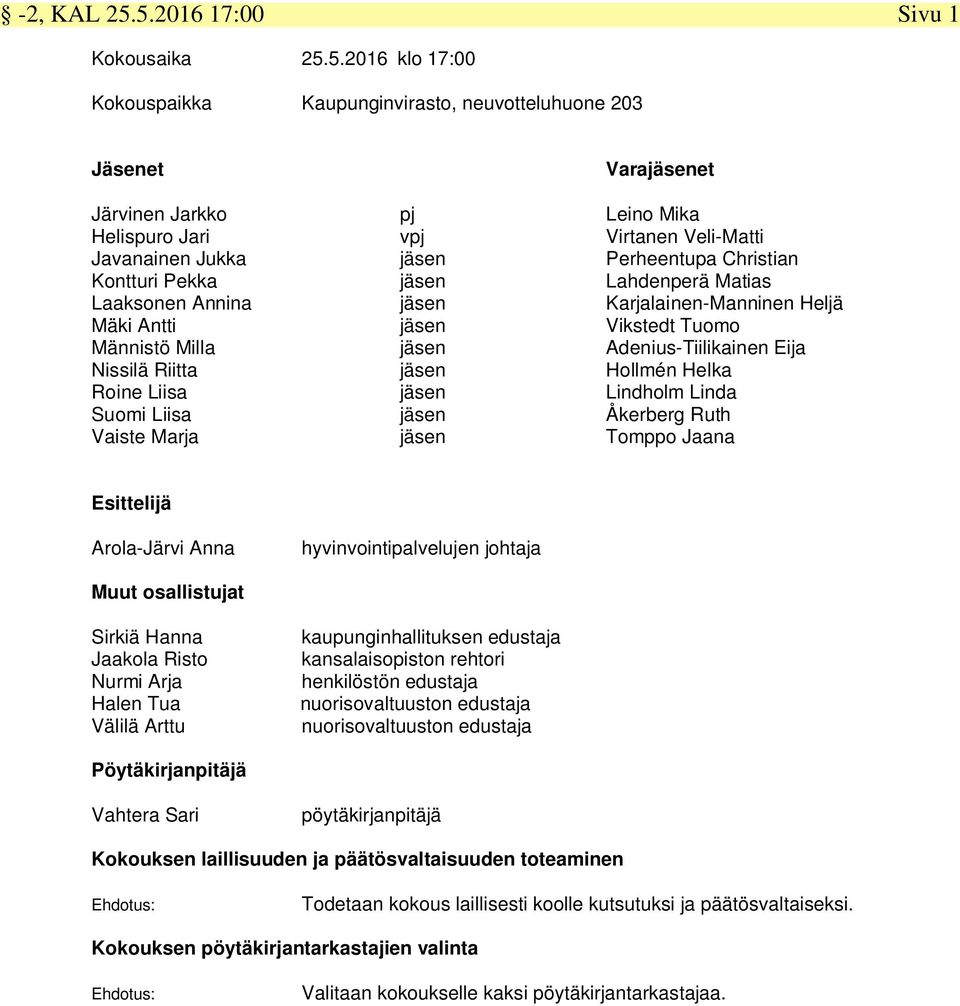 Javanainen Jukka jäsen Perheentupa Christian Kontturi Pekka jäsen Lahdenperä Matias Laaksonen Annina jäsen Karjalainen-Manninen Heljä Mäki Antti jäsen Vikstedt Tuomo Männistö Milla jäsen