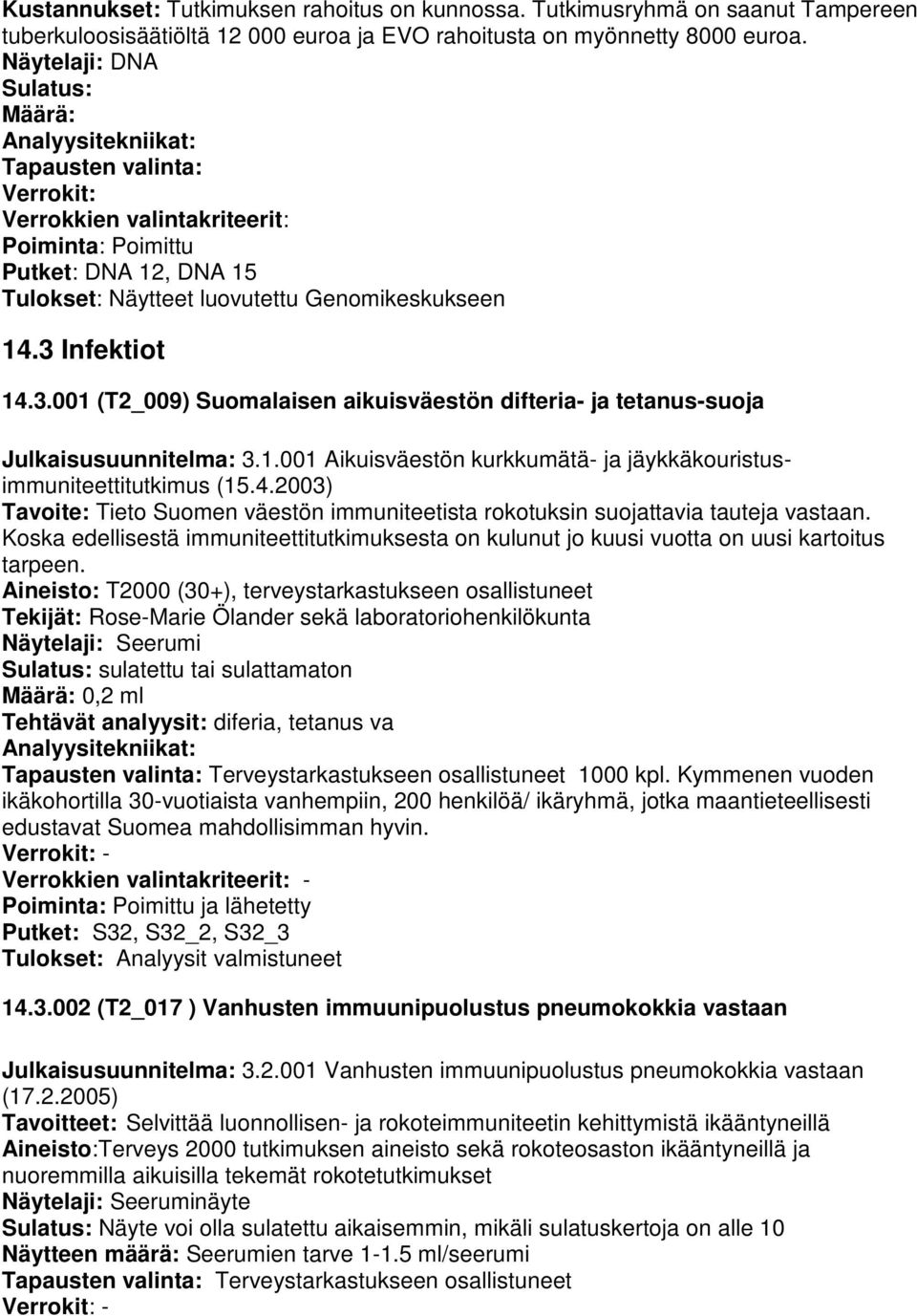 Infektiot 14.3.001 (T2_009) Suomalaisen aikuisväestön difteria- ja tetanus-suoja Julkaisusuunnitelma: 3.1.001 Aikuisväestön kurkkumätä- ja jäykkäkouristusimmuniteettitutkimus (15.4.2003) Tavoite: Tieto Suomen väestön immuniteetista rokotuksin suojattavia tauteja vastaan.