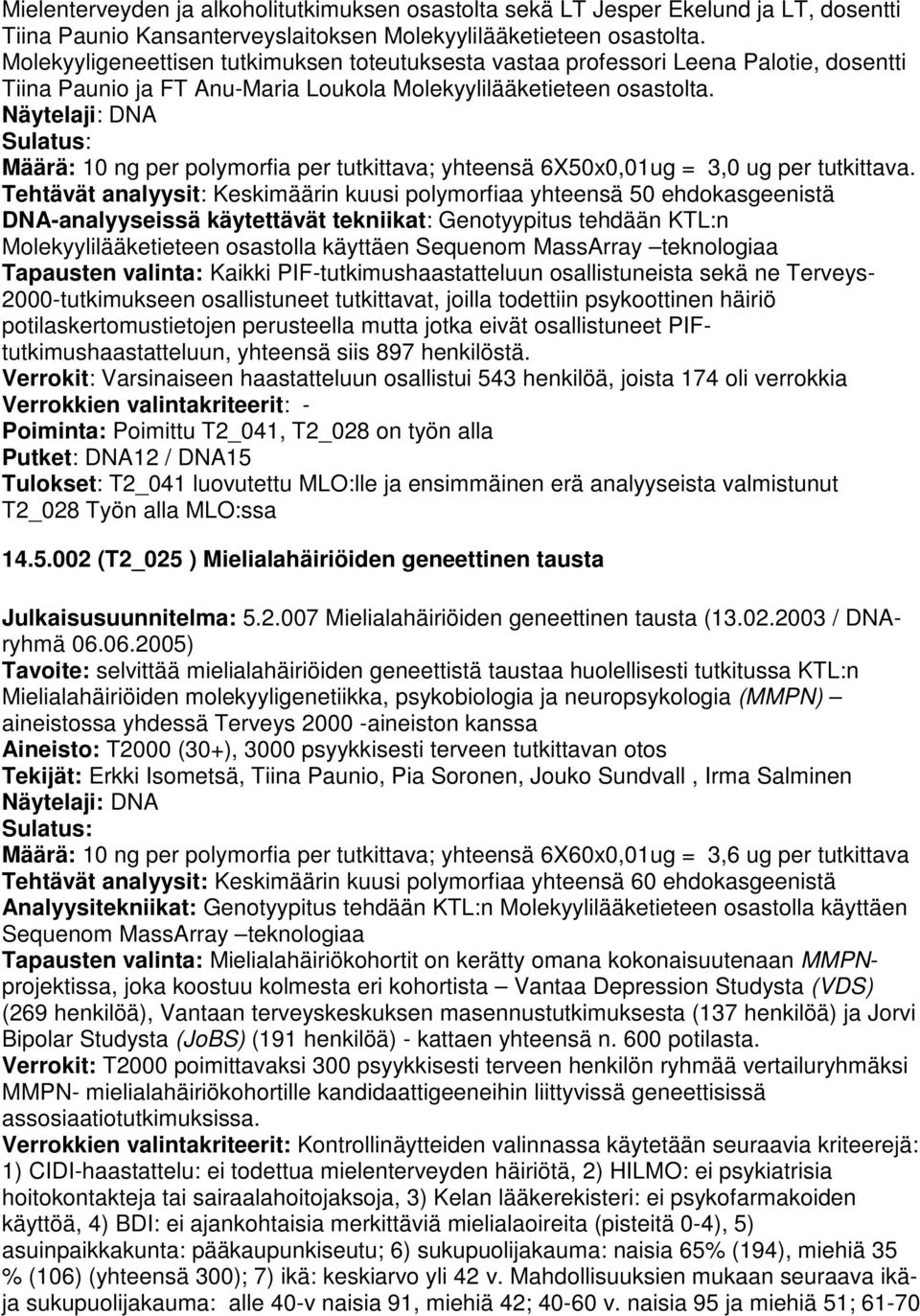 Määrä: 10 ng per polymorfia per tutkittava; yhteensä 6X50x0,01ug = 3,0 ug per tutkittava.