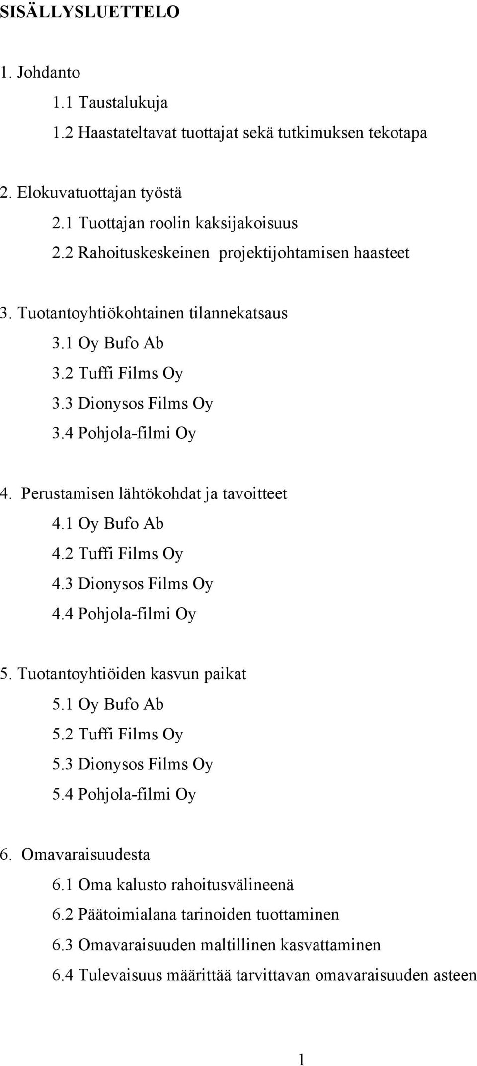 Perustamisen lähtökohdat ja tavoitteet 4.1 Oy Bufo Ab 4.2 Tuffi Films Oy 4.3 Dionysos Films Oy 4.4 Pohjola-filmi Oy 5. Tuotantoyhtiöiden kasvun paikat 5.1 Oy Bufo Ab 5.2 Tuffi Films Oy 5.