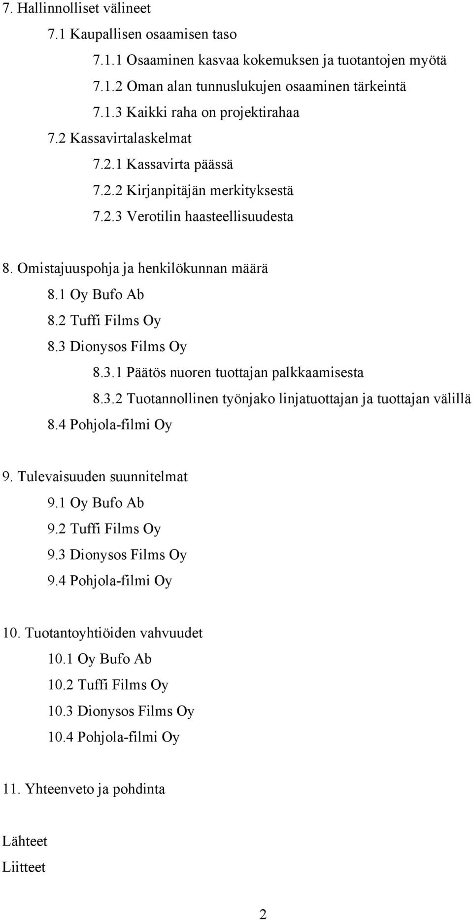 3 Dionysos Films Oy 8.3.1 Päätös nuoren tuottajan palkkaamisesta 8.3.2 Tuotannollinen työnjako linjatuottajan ja tuottajan välillä 8.4 Pohjola-filmi Oy 9. Tulevaisuuden suunnitelmat 9.1 Oy Bufo Ab 9.