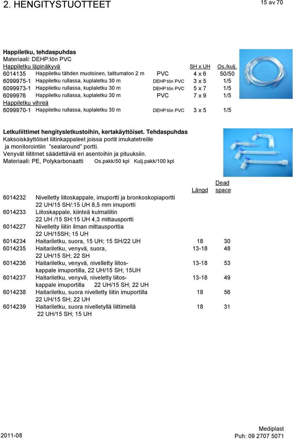 5 x 7 1/5 6099976 Happiletku rullassa, kuplaletku 30 m PVC 7 x 9 1/5 Happiletku vihreä 6099970-1 Happiletku rullassa, kuplaletku 30 m DEHP:tön PVC 3 x 5 1/5 Letkuliittimet hengitysletkustoihin,