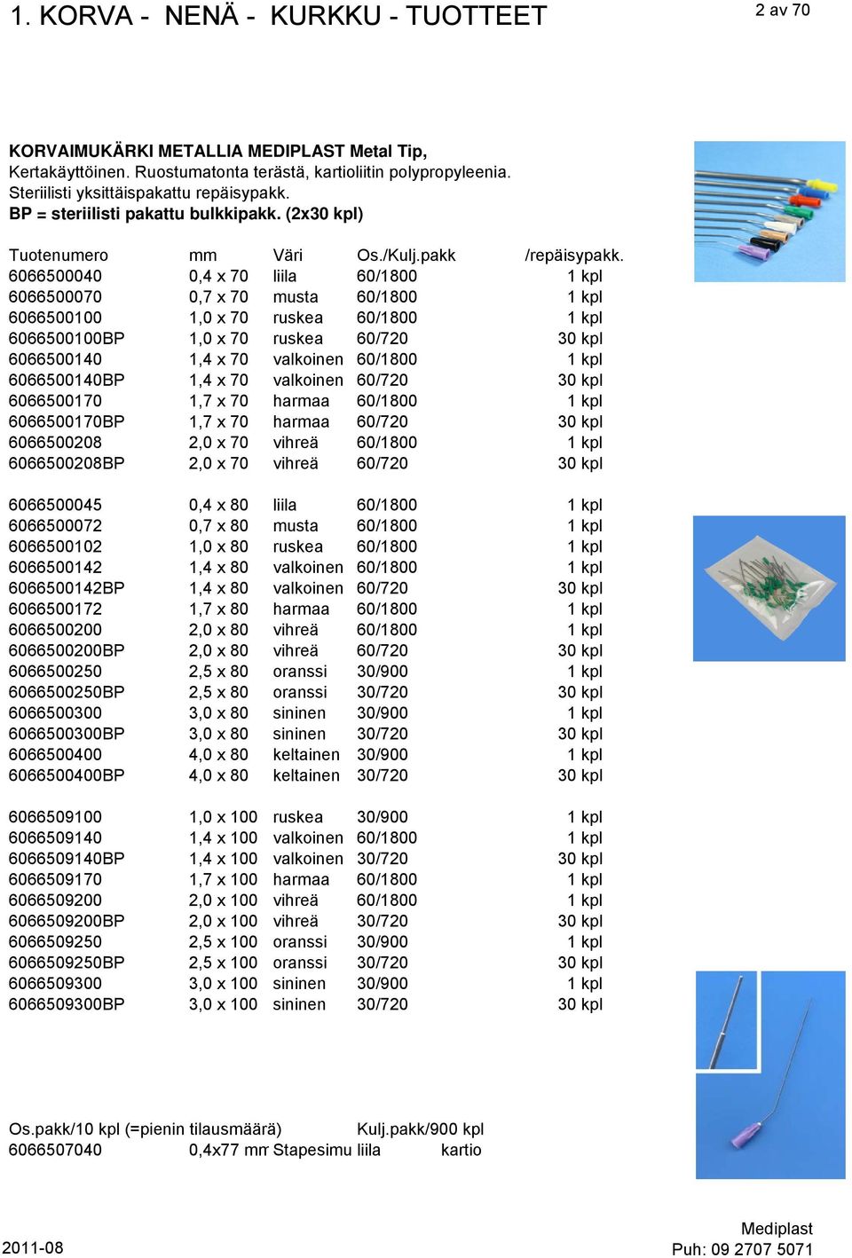 6066500040 0,4 x 70 liila 60/1800 1 kpl 6066500070 0,7 x 70 musta 60/1800 1 kpl 6066500100 1,0 x 70 ruskea 60/1800 1 kpl 6066500100BP 1,0 x 70 ruskea 60/720 30 kpl 6066500140 1,4 x 70 valkoinen