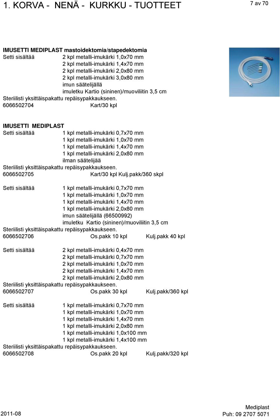 6066502704 Kart/30 kpl IMUSETTI MEDIPLAST Setti sisältää 1 kpl metalli-imukärki 0,7x70 mm 1 kpl metalli-imukärki 1,0x70 mm 1 kpl metalli-imukärki 1,4x70 mm 1 kpl metalli-imukärki 2,0x80 mm ilman