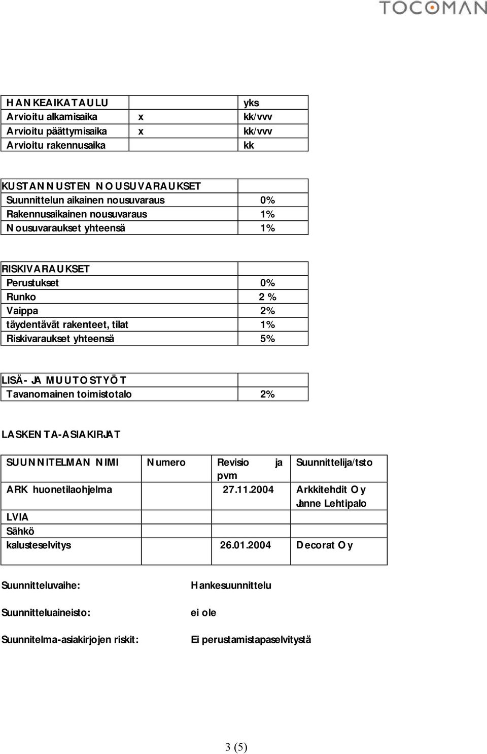 MUUTOSTYÖT Tavanomainen toimistotalo 2% LASKENTA-ASIAKIRJAT SUUNNITELMAN NIMI Numero Revisio ja Suunnittelija/tsto pvm ARK huonetilaohjelma 27.11.