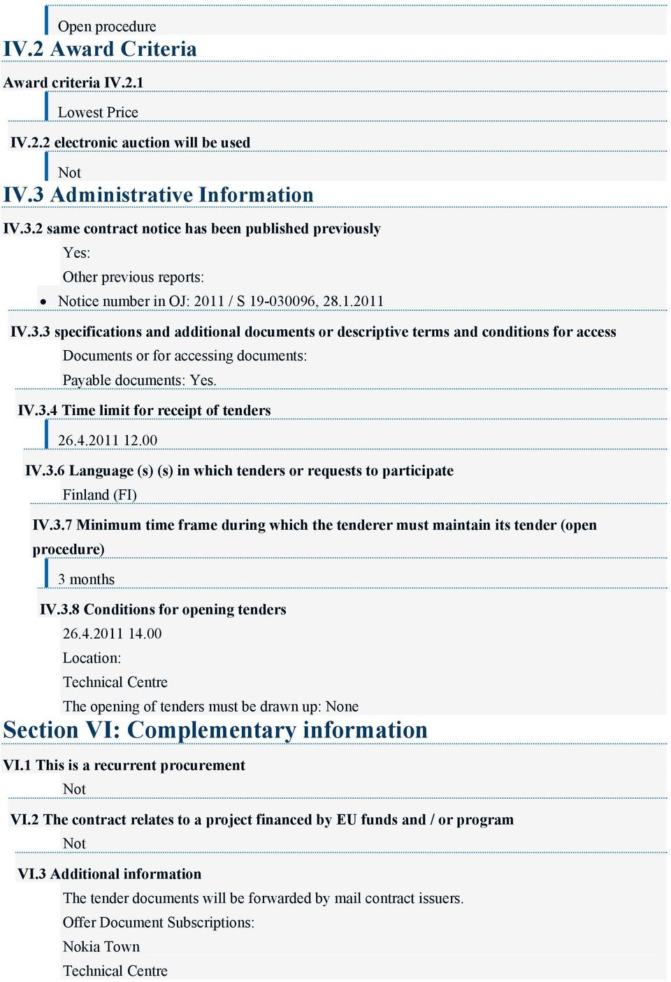 IV.3.4 Time limit for receipt of tenders 26.4.2011 12.00 IV.3.6 Language (s) (s) in which tenders or requests to participate Finland (FI) IV.3.7 Minimum time frame during which the tenderer must maintain its tender (open procedure) 3 months IV.