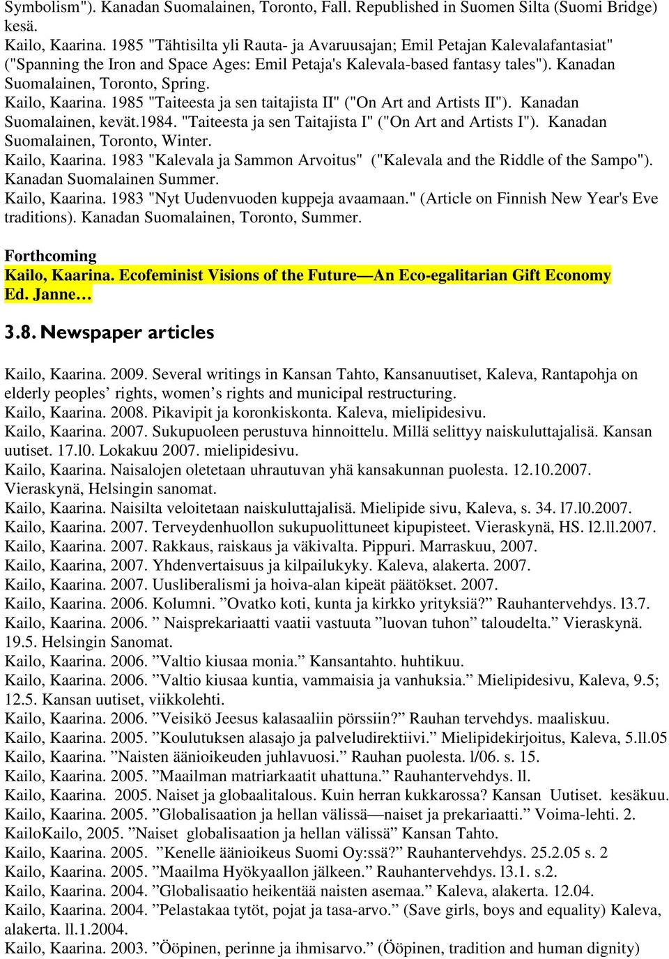 Kailo, Kaarina. 1985 "Taiteesta ja sen taitajista II" ("On Art and Artists II"). Kanadan Suomalainen, kevät.1984. "Taiteesta ja sen Taitajista I" ("On Art and Artists I").