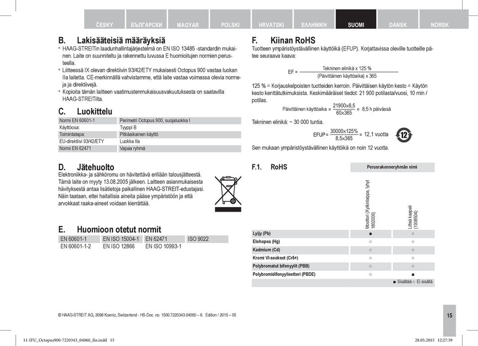 CE-merkinnällä vahvistamme, että laite vastaa voimassa olevia normeja ja direktiivejä. Kopioita tämän laitteen vaatimustenmukaisuusvakuutuksesta on saatavilla HAAG STREITilta. C.