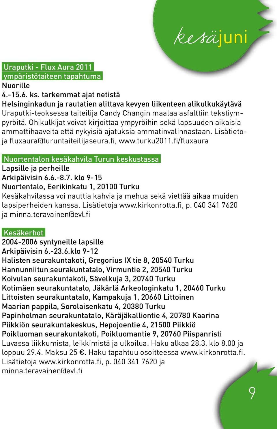 Ohikulkijat voivat kirjoittaa ympyröihin sekä lapsuuden aikaisia ammattihaaveita että nykyisiä ajatuksia ammatinvalinnastaan. Lisätietoja fluxaura@turuntaiteilijaseura.fi, www.turku2011.