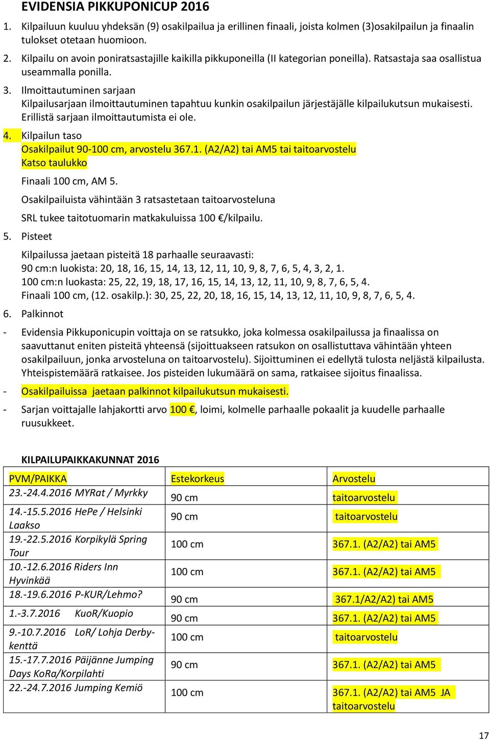 Erillistä sarjaan ilmoittautumista ei ole. 4. Kilpailun taso Osakilpailut 90-100 cm, arvostelu 367.1. (A2/A2) tai AM5 tai taitoarvostelu Katso taulukko Finaali 100 cm, AM 5.