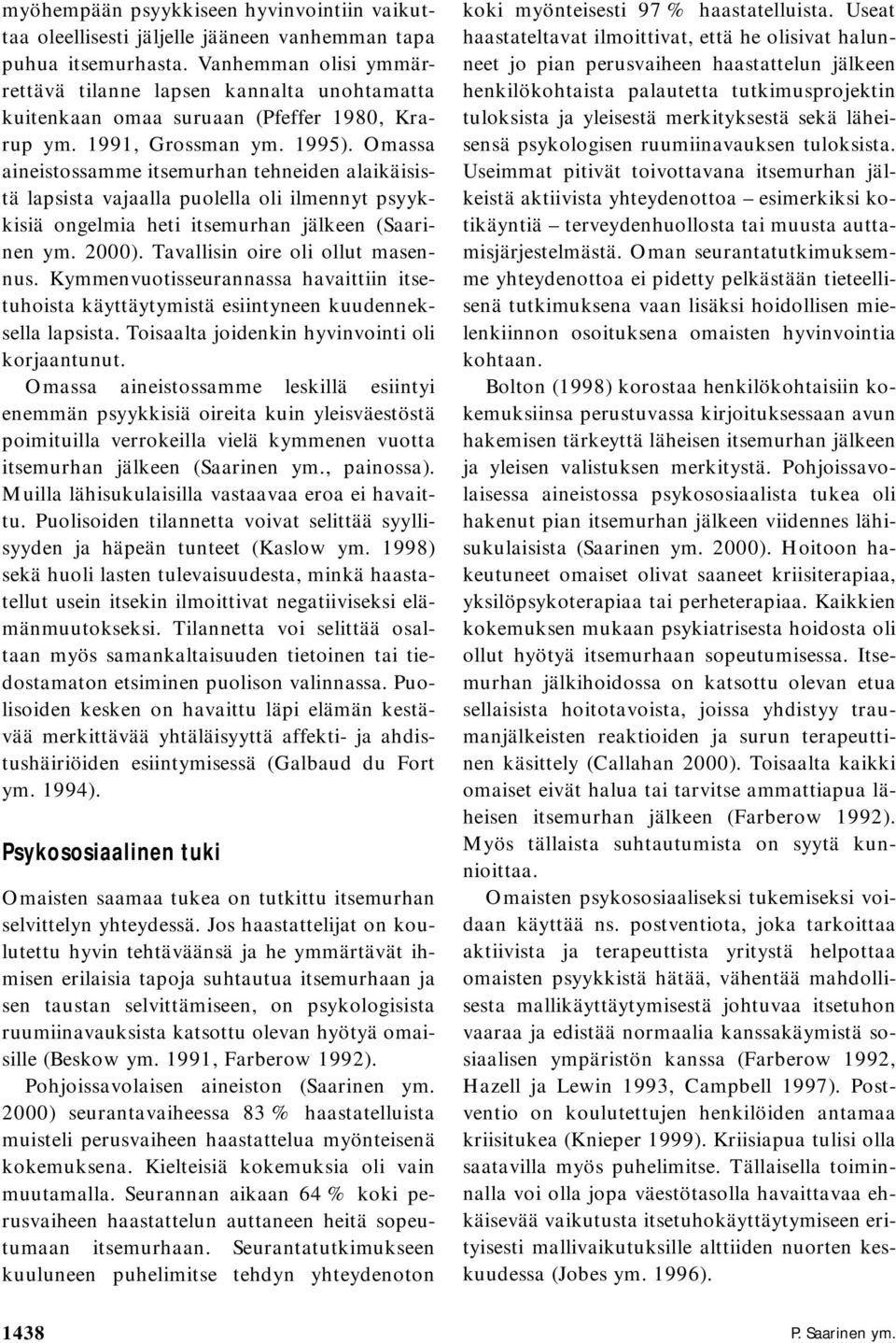 Omassa aineistossamme itsemurhan tehneiden alaikäisistä lapsista vajaalla puolella oli ilmennyt psyykkisiä ongelmia heti itsemurhan jälkeen (Saarinen ym. 2000). Tavallisin oire oli ollut masennus.