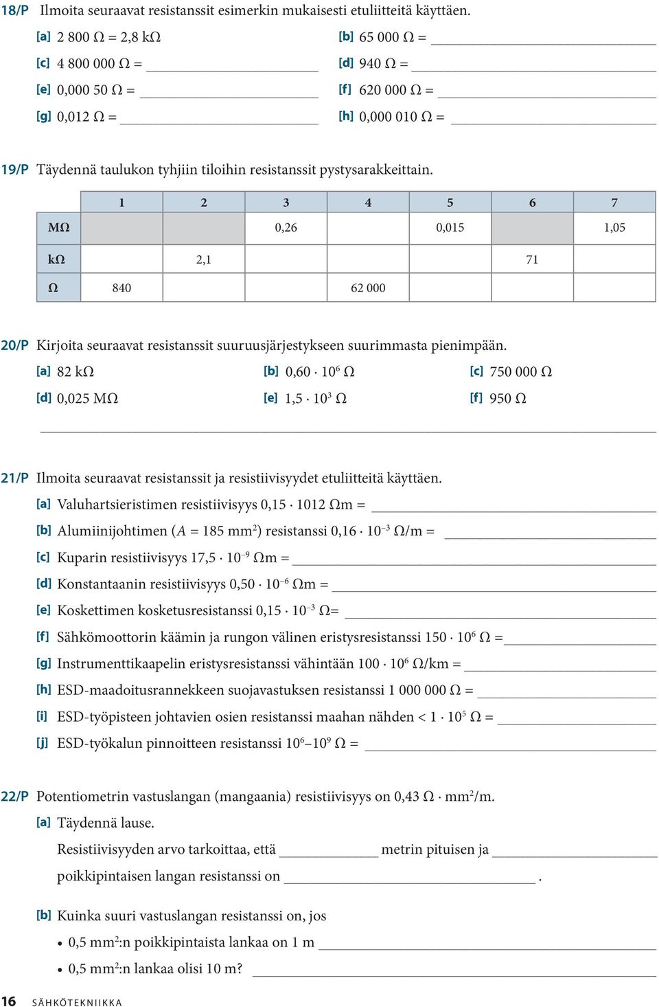 pystysarakkeittain. 1 2 3 4 5 6 7 MΩ 0,26 0,015 1,05 kω 2,1 71 Ω 840 62 000 20/P Kirjoita seuraavat resistanssit suuruusjärjestykseen suurimmasta pienimpään.