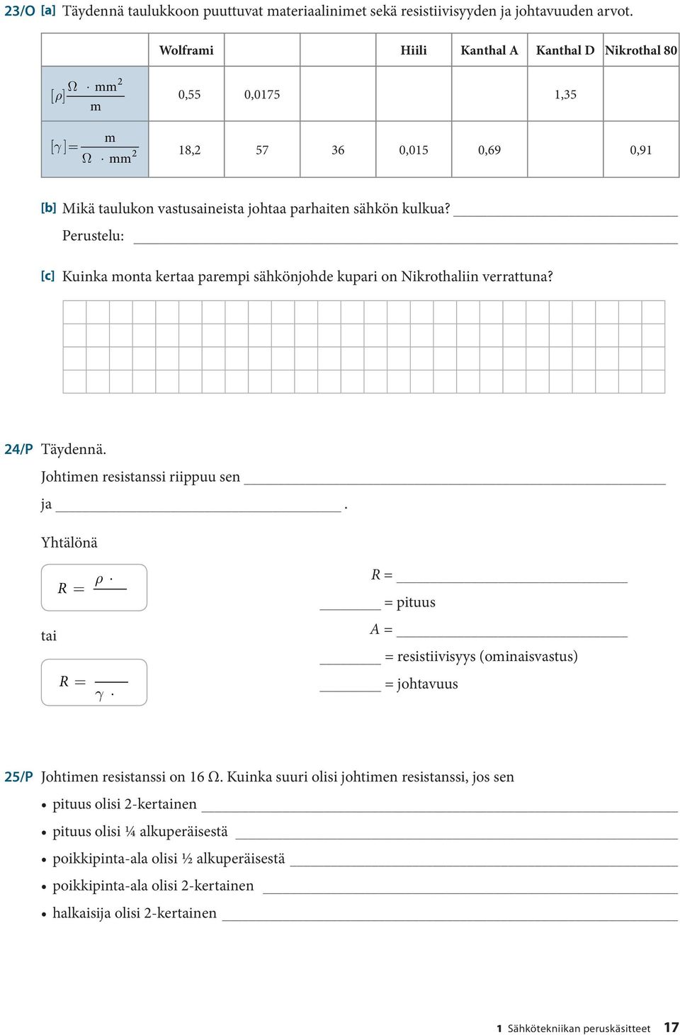 Perustelu: [c] Kuinka monta kertaa parempi sähkönjohde kupari on Nikrothaliin verrattuna? 24/P Täydennä. Johtimen resistanssi riippuu sen ja.