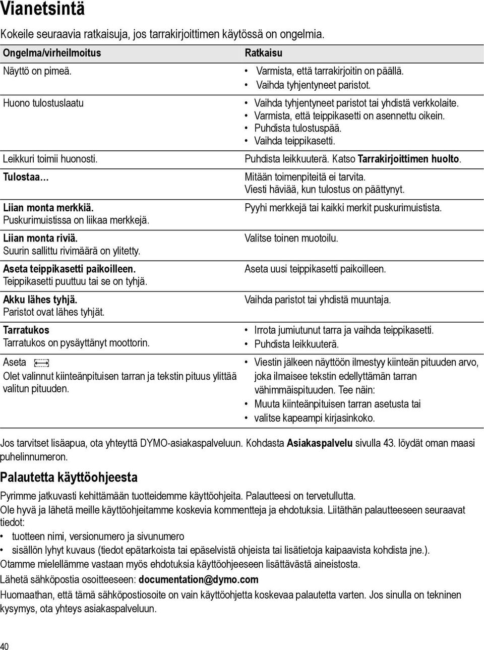 Leikkuri toimii huonosti. Puhdista leikkuuterä. Katso Tarrakirjoittimen huolto. Tulostaa Mitään toimenpiteitä ei tarvita. Viesti häviää, kun tulostus on päättynyt. Liian monta merkkiä.