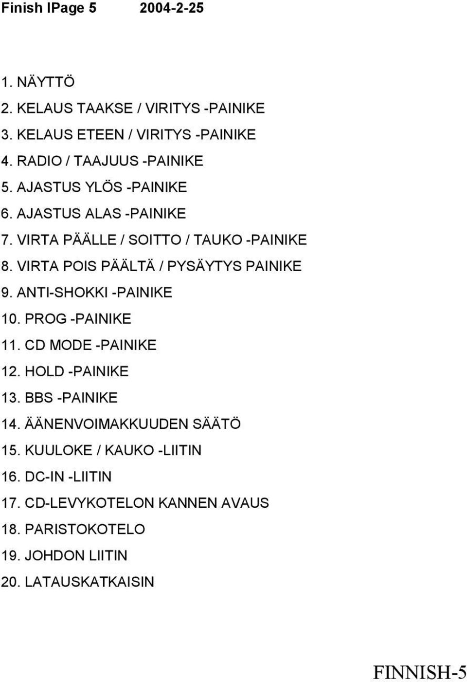 VIRTA POIS PÄÄLTÄ / PYSÄYTYS PAINIKE 9. ANTI-SHOKKI -PAINIKE 10. PROG -PAINIKE 11. CD MODE -PAINIKE 12. HOLD -PAINIKE 13.