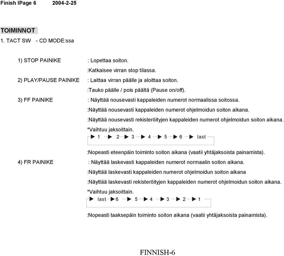 :Näyttää nousevasti rekisteröityjen kappaleiden numerot ohjelmoidun soiton aikana. *Vaihtuu jaksoittain. 1 2 3 4 5 6 last :Nopeasti eteenpäin toiminto soiton aikana (vaatii yhtäjaksoista painamista).